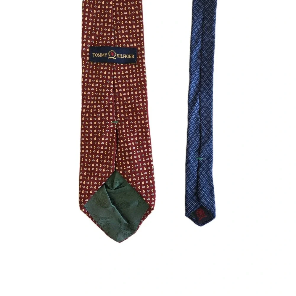 Men's Tommy Hilfiger 100% Silk Tie Vintage Red Navy Plaid Woven Classic Made USA